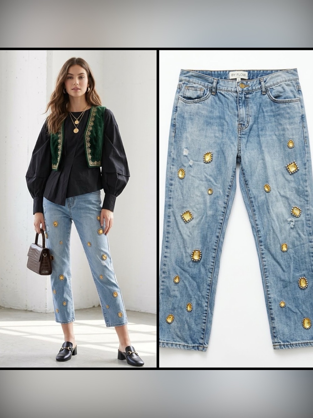 By Flow Korea Amber Jeweled Statement Distressed Ankle Y2K Whimsigoth Jeans Sz M